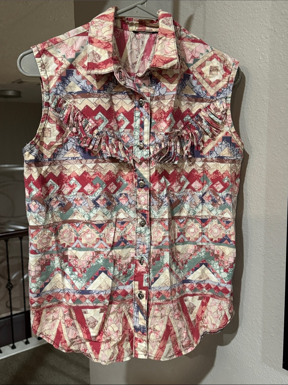 Sleeveless Button-Down Fringe Shirt - Red Multi